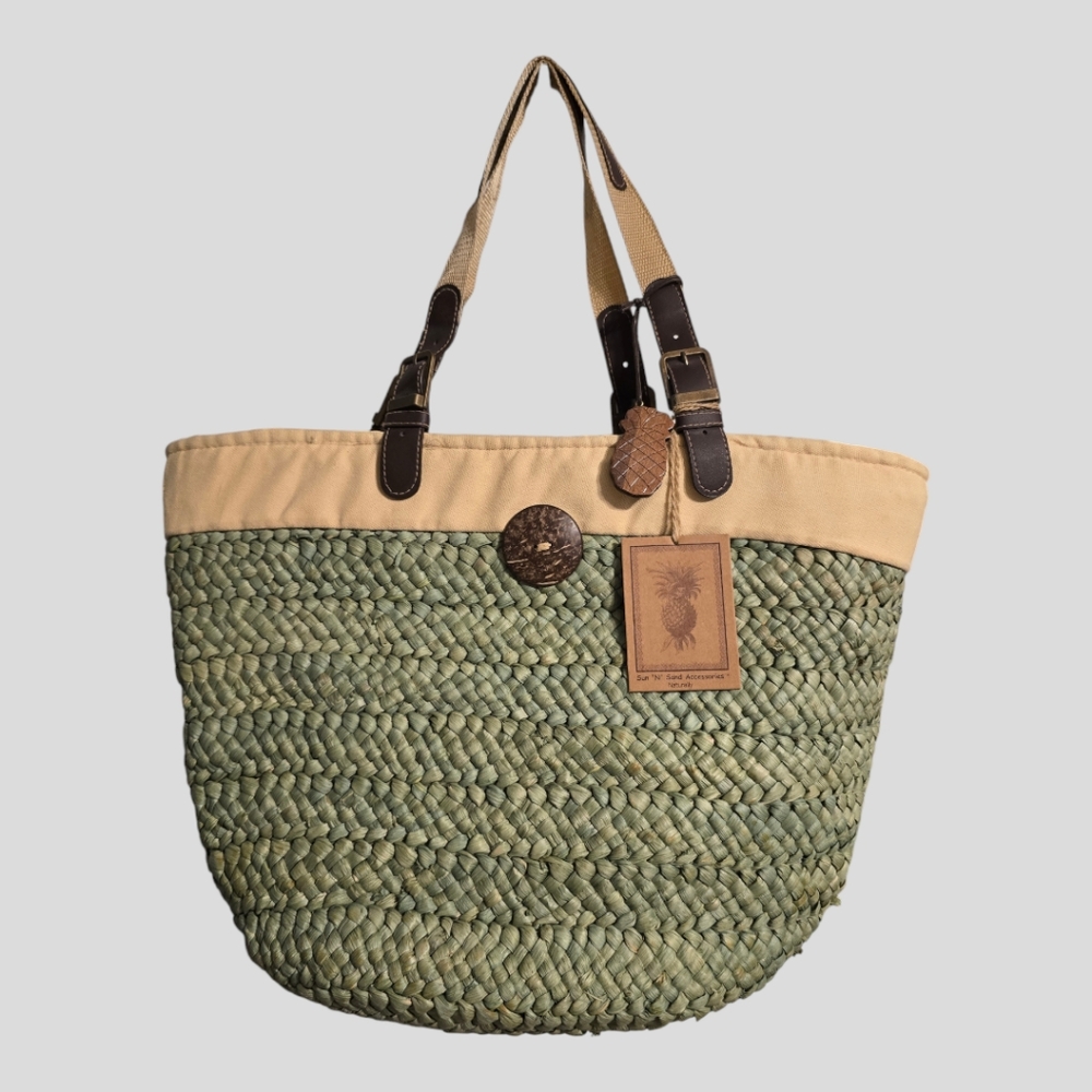 Sun 'N' Sand Handbag Women's Green Woven Straw Tote Bag Handmade Bohemian Beachy